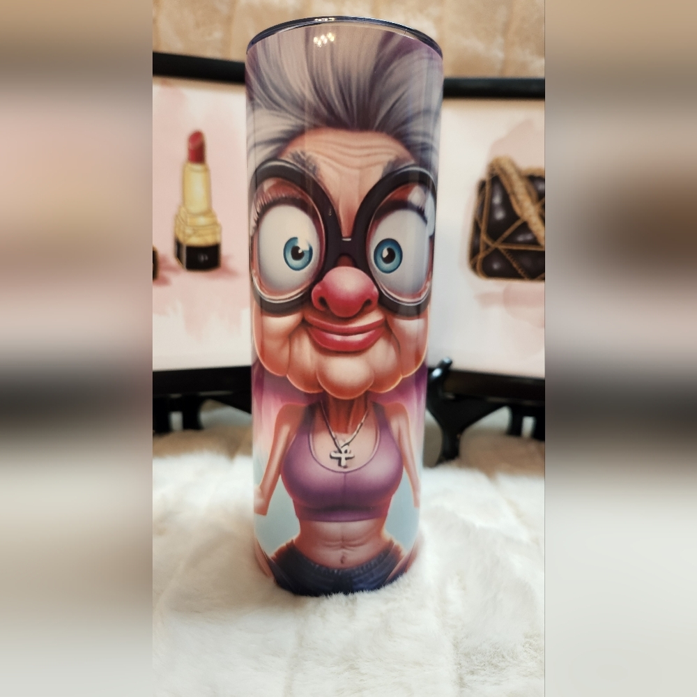 Colorful Cartoon Older Woman Character Doing YOGA Tumbler. Hand Crafted 20oz - Picture 6 of 7